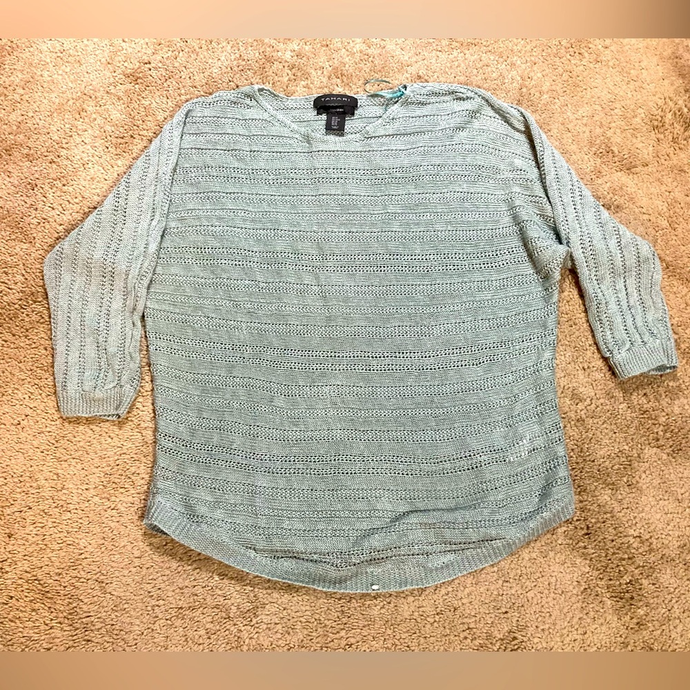 Tahari M Linen Open Weave Knit Sweater Elbow Sleeves